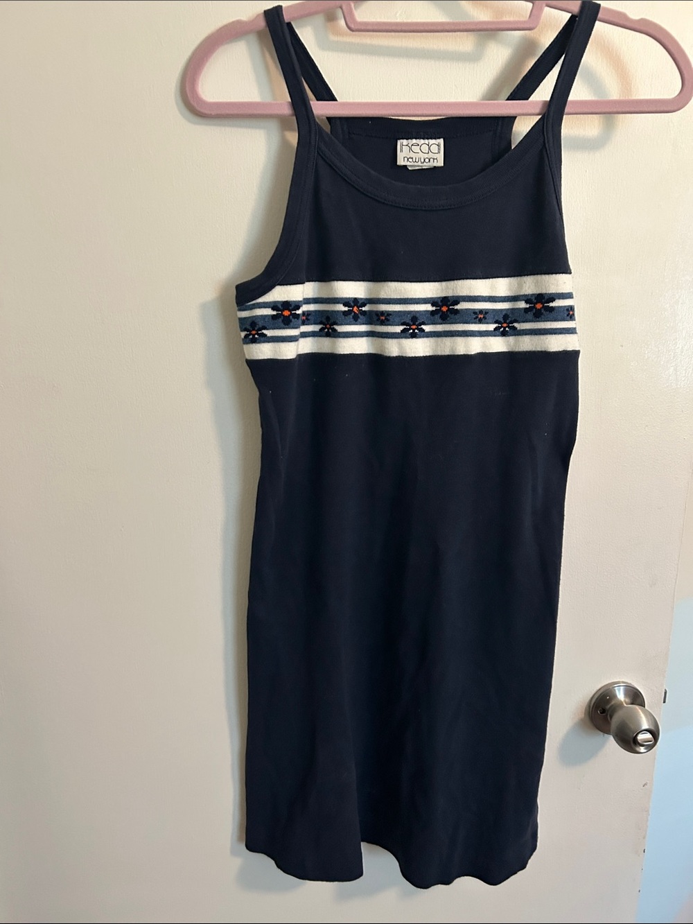 Vintage Navy Knit Tank Dress with Daisy Stripe